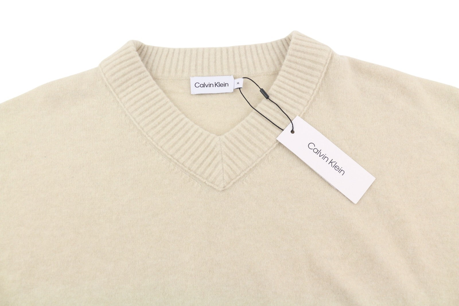CALVIN KLEIN Lycra Blend Comfort Men Jumper XL Beige Wool Blend V-Neck Pullover