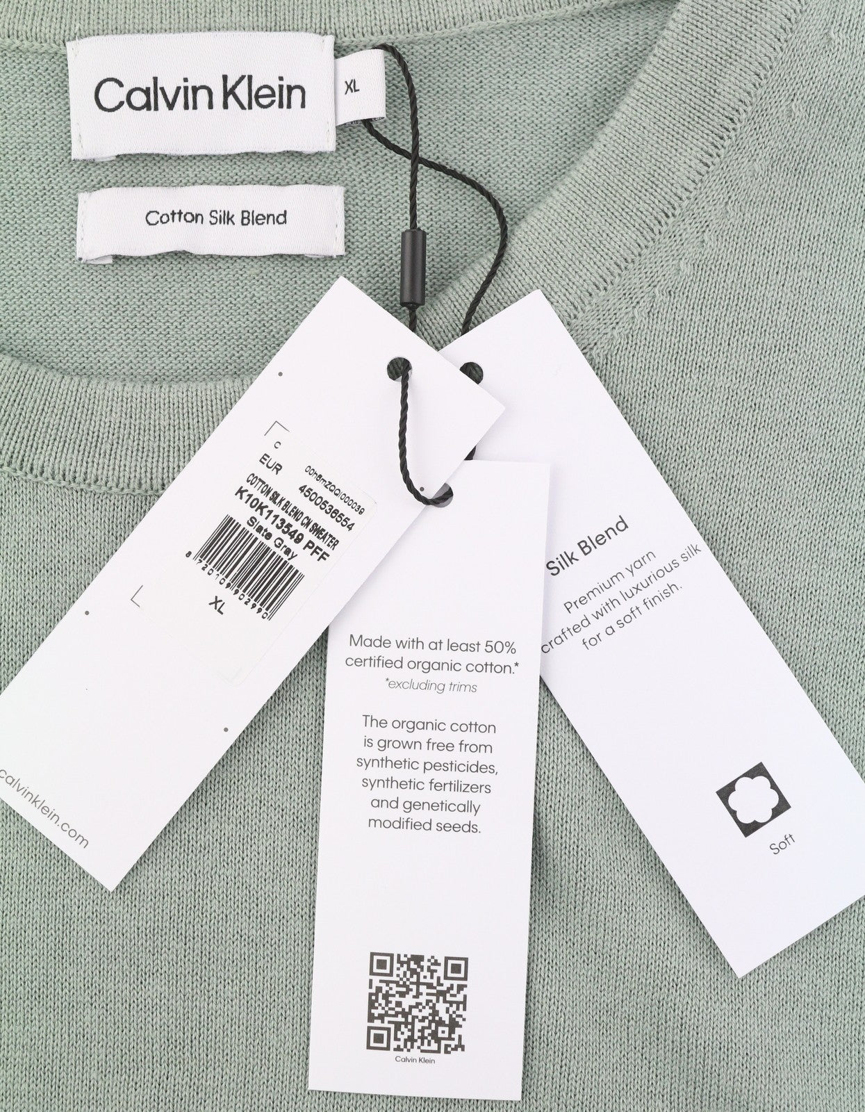 CALVIN KLEIN Cotton Silk Blend Cn Men Jumper XL Light Green Crew Knit Pullover