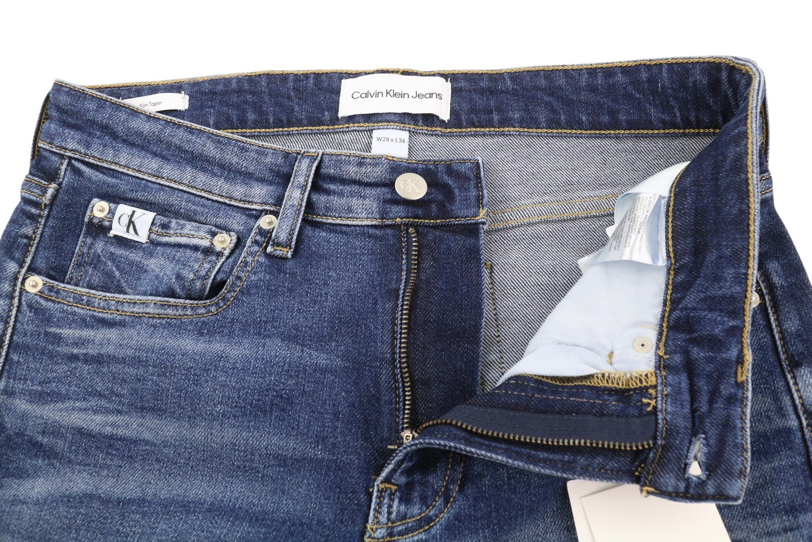 CALVIN KLEIN Slim Taper Men Jeans W29/L34 Blue Washed Faded Ripped Distress