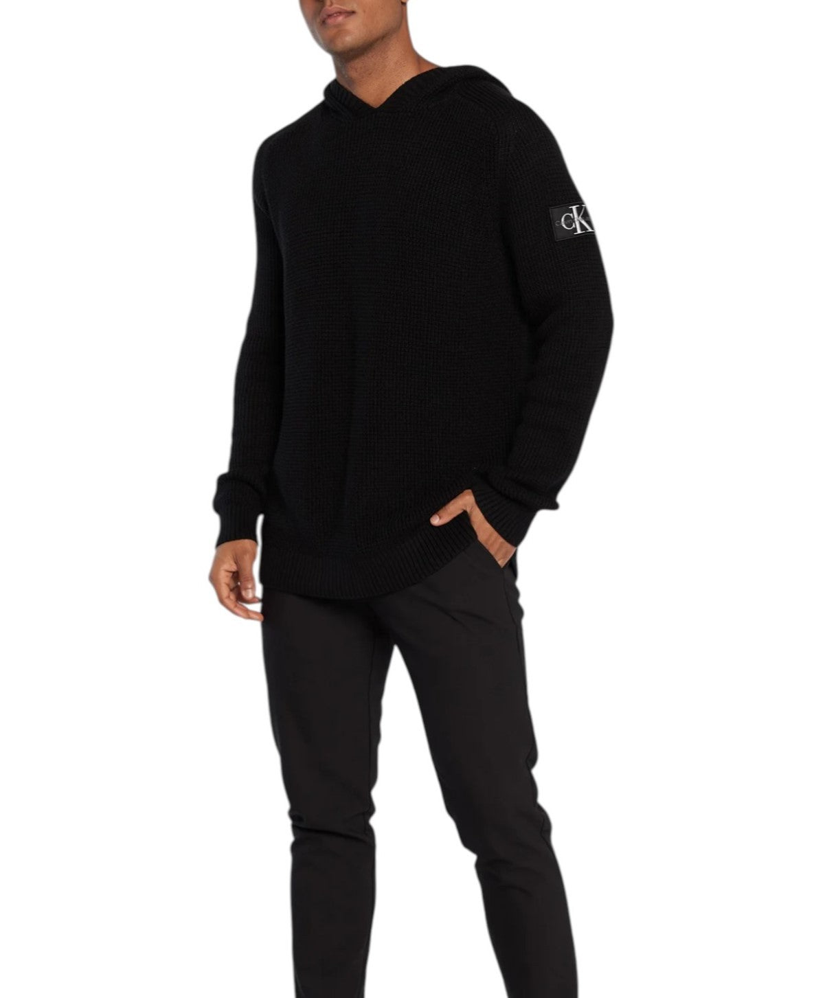 CALVIN KLEIN Men Jumper M Black Waffle-Knit Stretch Hooded Pullover RRP€139