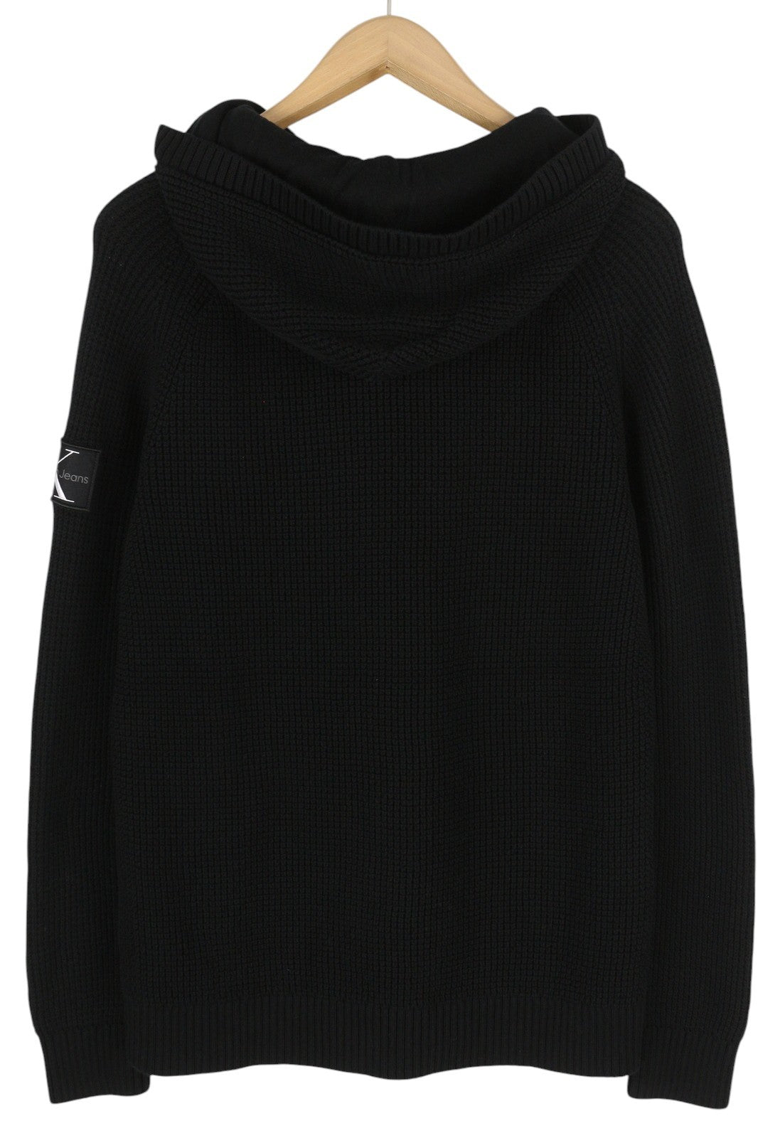 CALVIN KLEIN Men Jumper M Black Waffle-Knit Stretch Hooded Pullover RRP€139