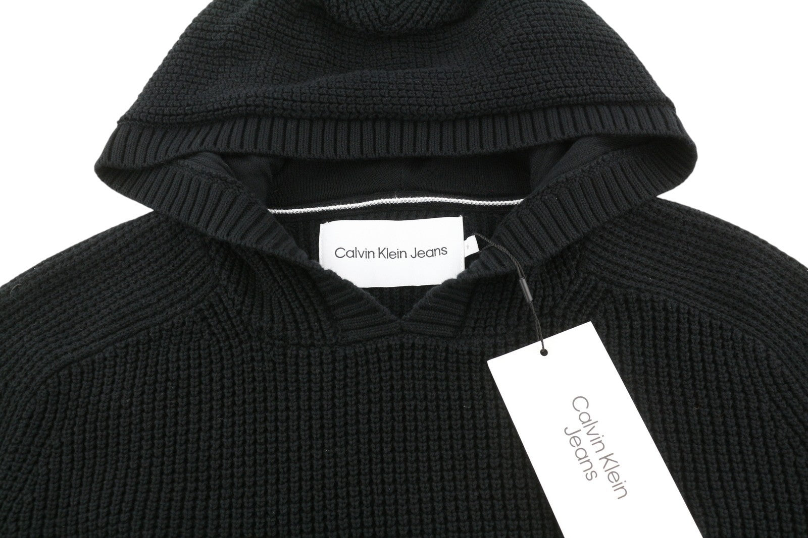 CALVIN KLEIN Men Jumper M Black Waffle-Knit Stretch Hooded Pullover RRP€139