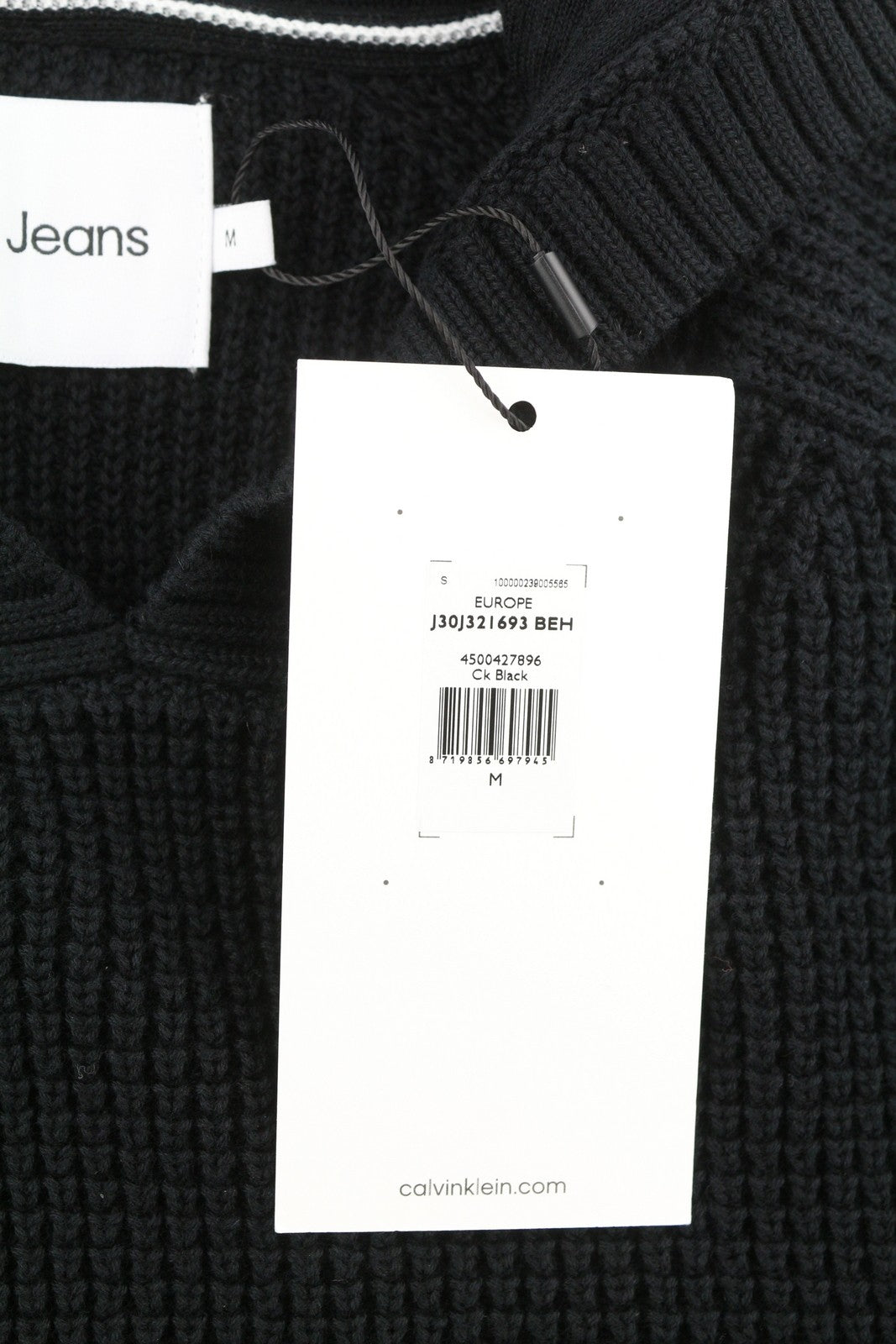 CALVIN KLEIN Men Jumper M Black Waffle-Knit Stretch Hooded Pullover RRP€139