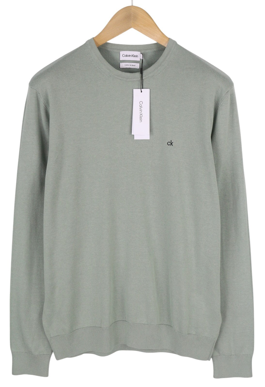 CALVIN KLEIN Cotton Silk Blend Cn Men Jumper S Light Green Crew Knit Pullover
