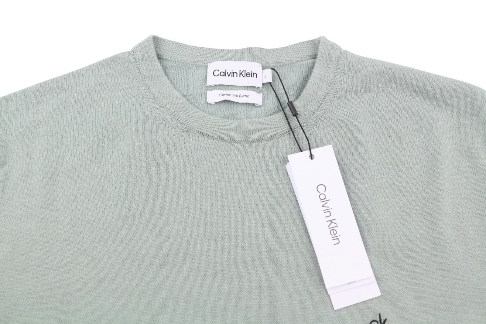 CALVIN KLEIN Cotton Silk Blend Cn Men Jumper S Light Green Crew Knit Pullover