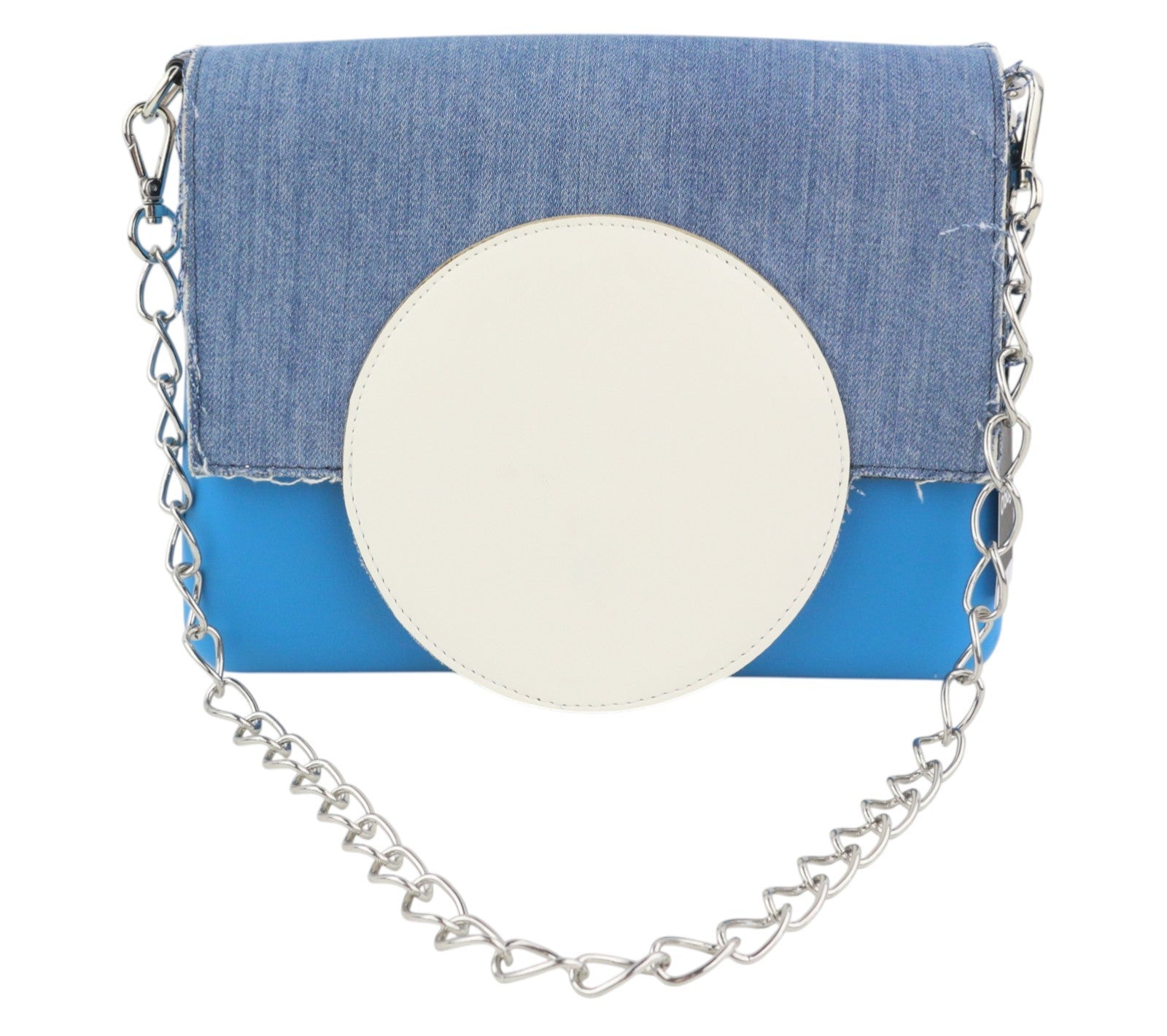 O BAG Glam Women Bag OS Blue Denim Insert Metal Chain Clasp Closure Crossbody