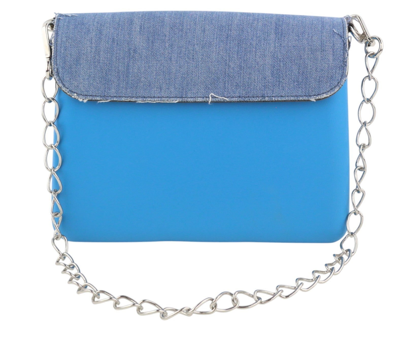 O BAG Glam Women Bag OS Blue Denim Insert Metal Chain Clasp Closure Crossbody