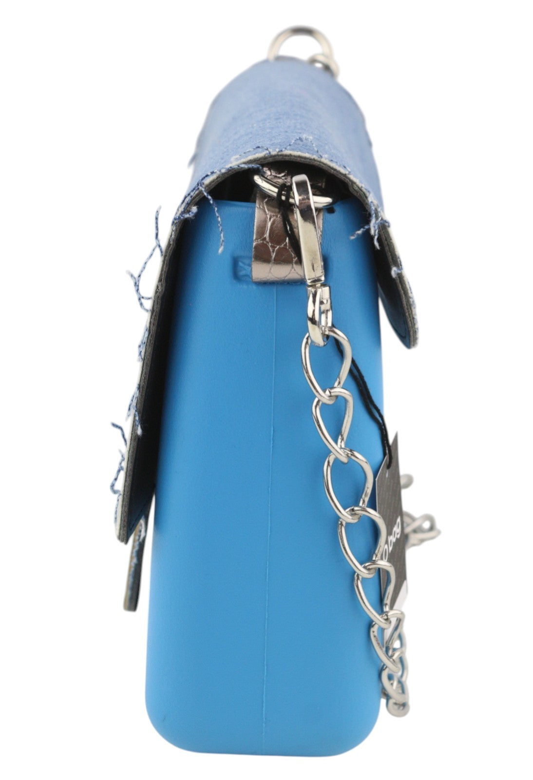 O BAG Glam Women Bag OS Blue Denim Insert Metal Chain Clasp Closure Crossbody