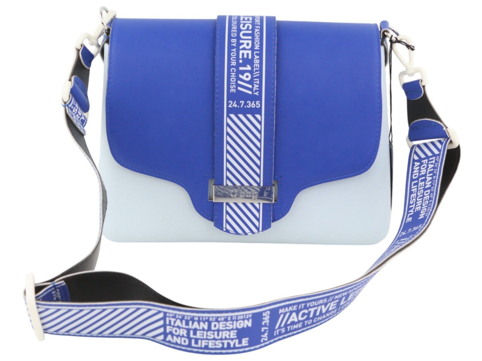 O BAG Glam Women Bag OS Blue Patterned Adjustable Strap Clasp Logo Crossbody