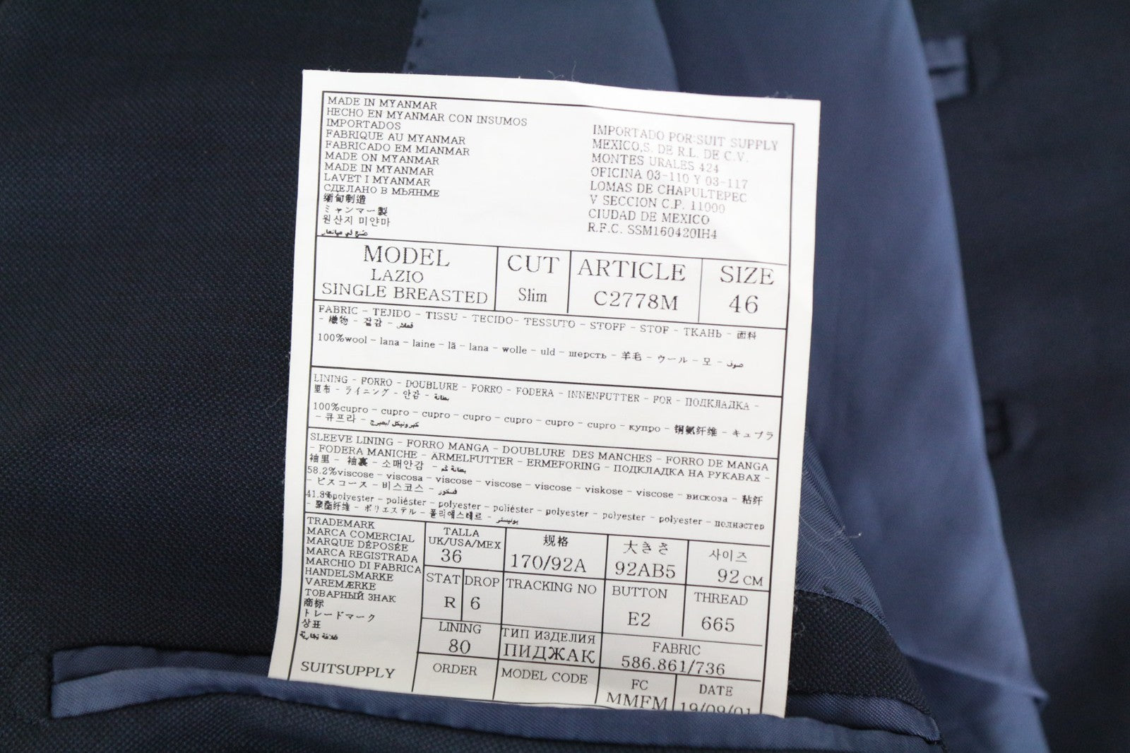 SUITSUPPLY Lazio Men's Blue Wool Slim Suit UK36R Classic Super 110's 2 Piece