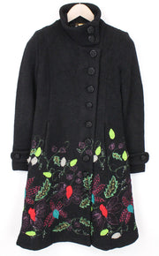 DESIGUAL Women's Black Coat EU34 Mid-Length Designer Jacquard Nature Embroidery