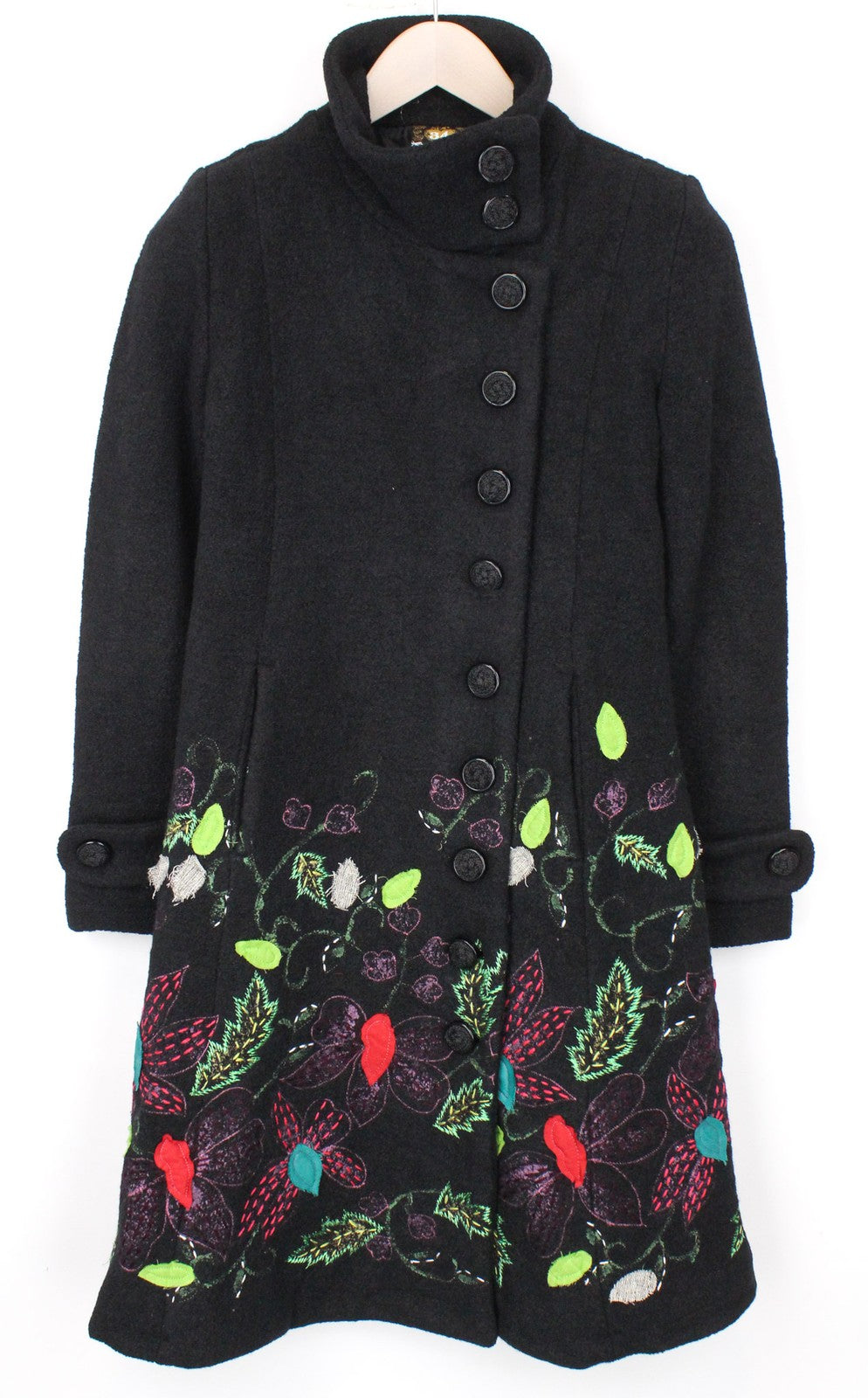 DESIGUAL Women's Black Coat EU34 Mid-Length Designer Jacquard Nature Embroidery