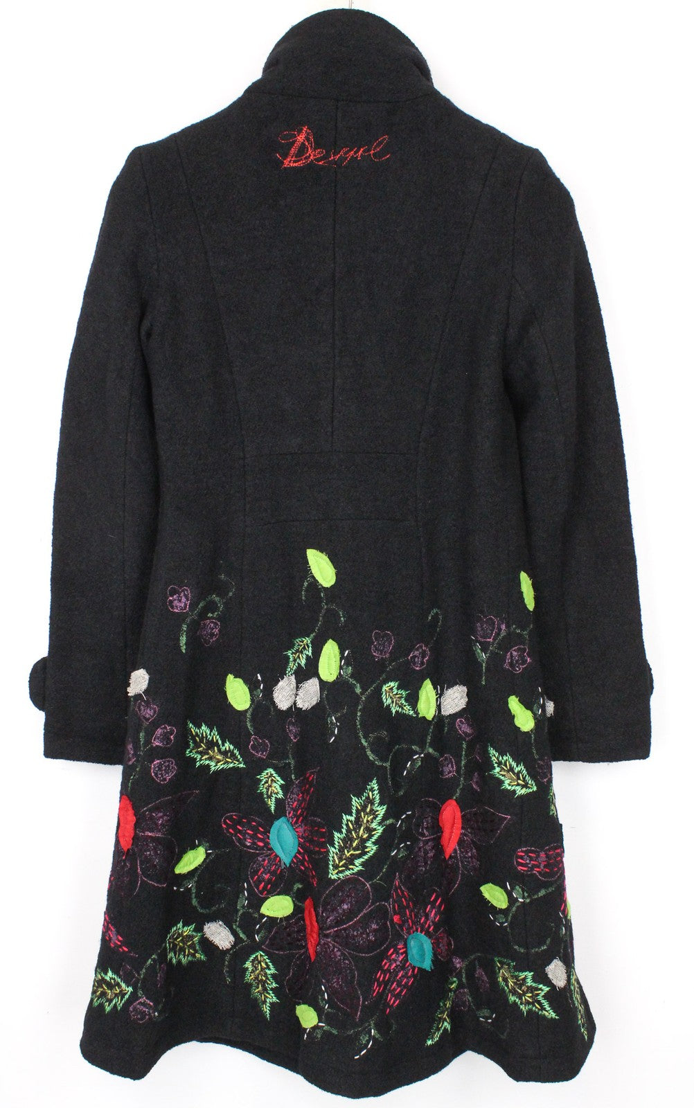 DESIGUAL Women's Black Coat EU34 Mid-Length Designer Jacquard Nature Embroidery