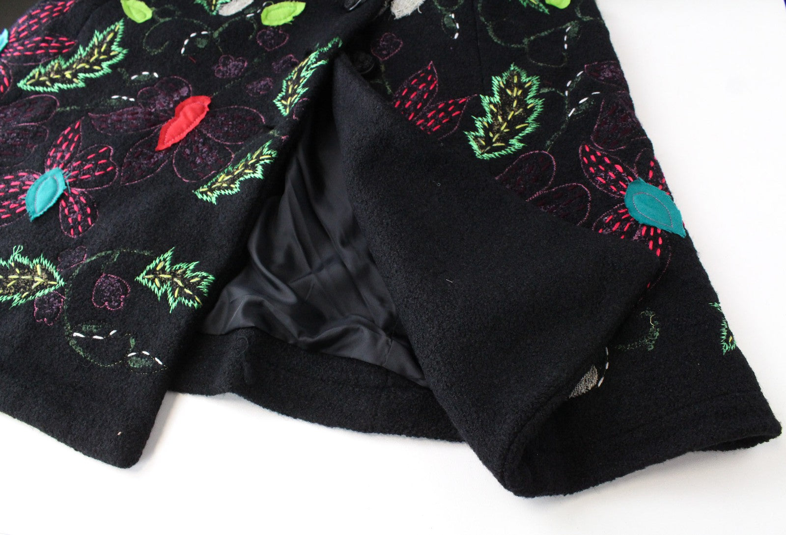 DESIGUAL Women's Black Coat EU34 Mid-Length Designer Jacquard Nature Embroidery