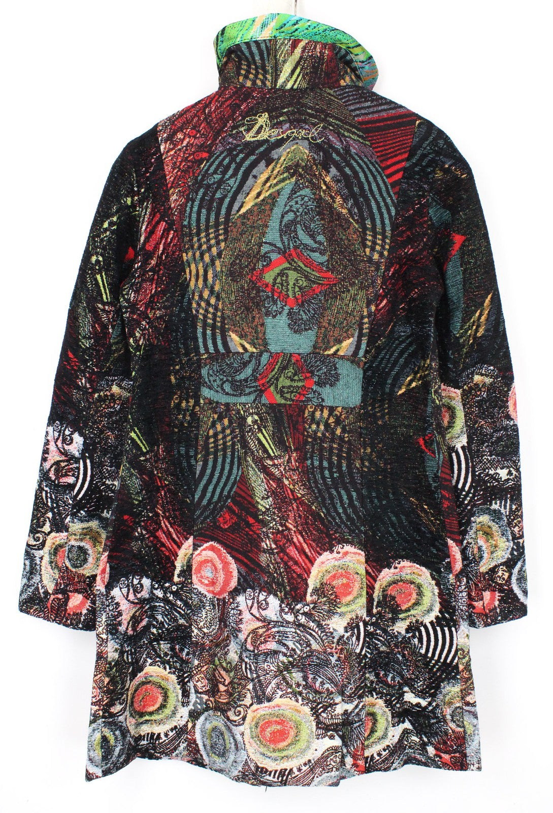 DESIGUAL Natalia moteriškas juodas paltas, EU38, vilnonis vidutinio ilgio, siuvinėtas dviem eilėmis