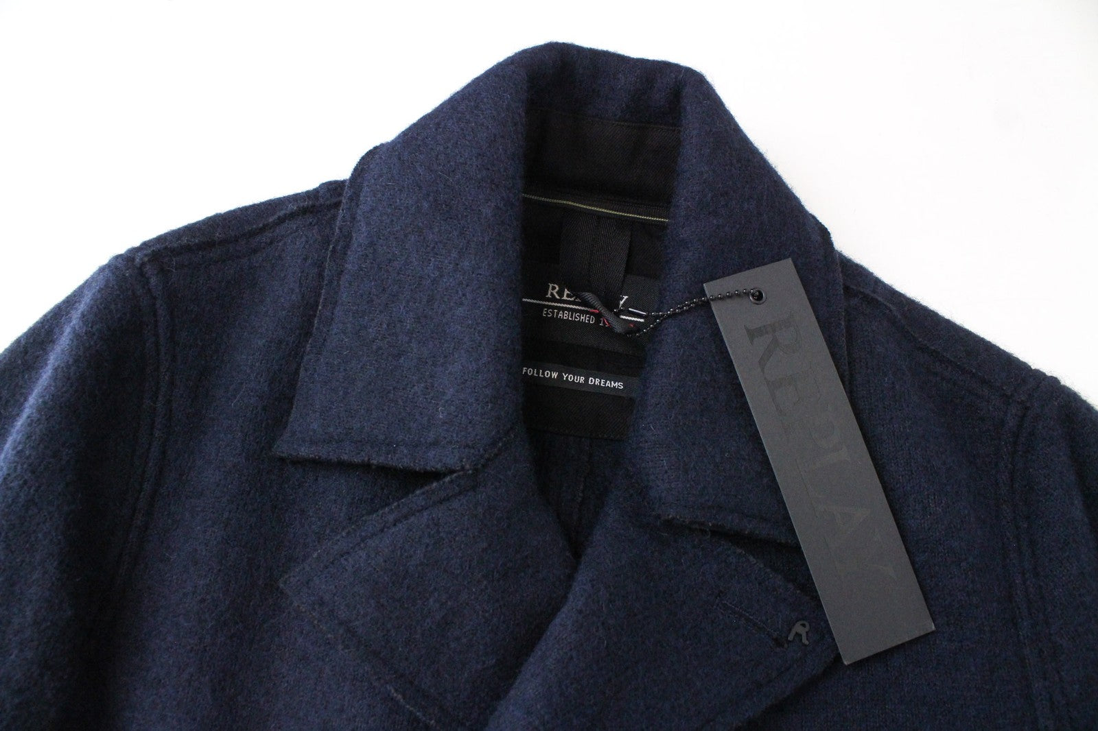 REPLAY Men's Navy XL Wool Blend Coat Classic Double-Breasted Notch Slim Lined