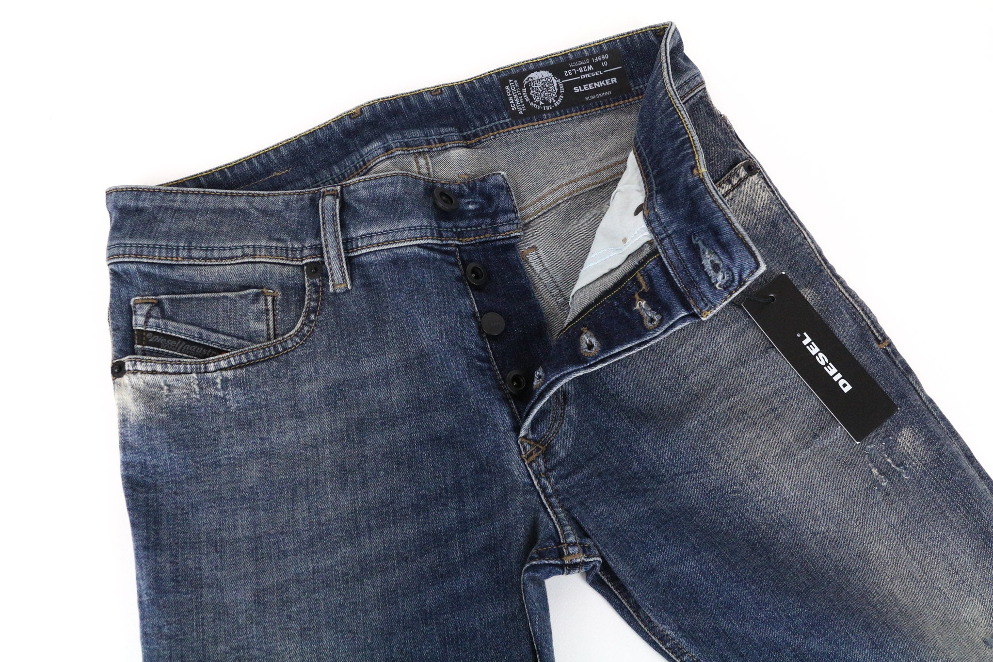 DIESEL Sleenker 069FI vyriški džinsai W28/L32 mėlyni, aptempti, tamprūs medvilniniai džinsai