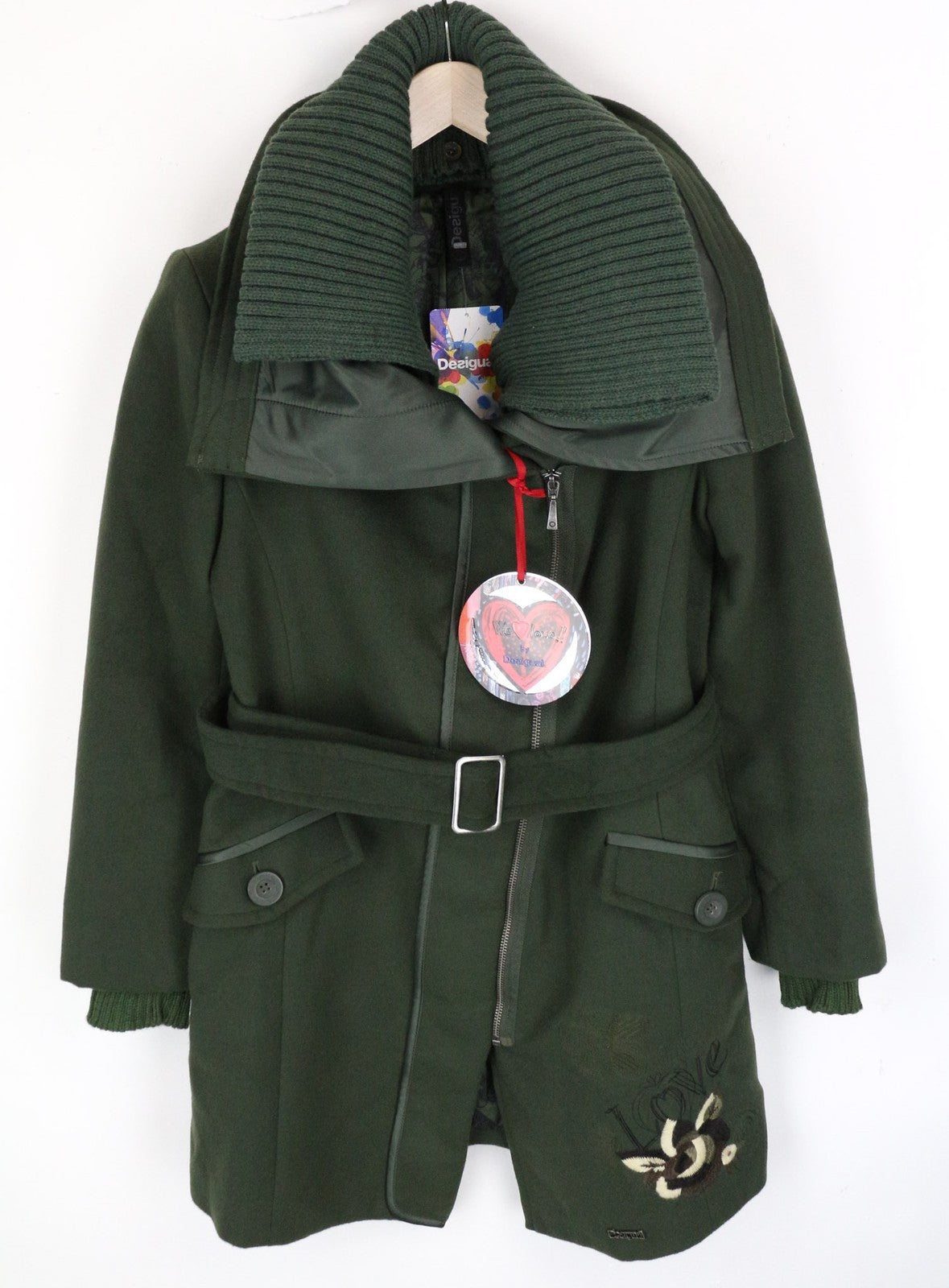 DESIGUAL Madrid Women's Coat 38 Green Belted Single-Breasted Zipped Lined