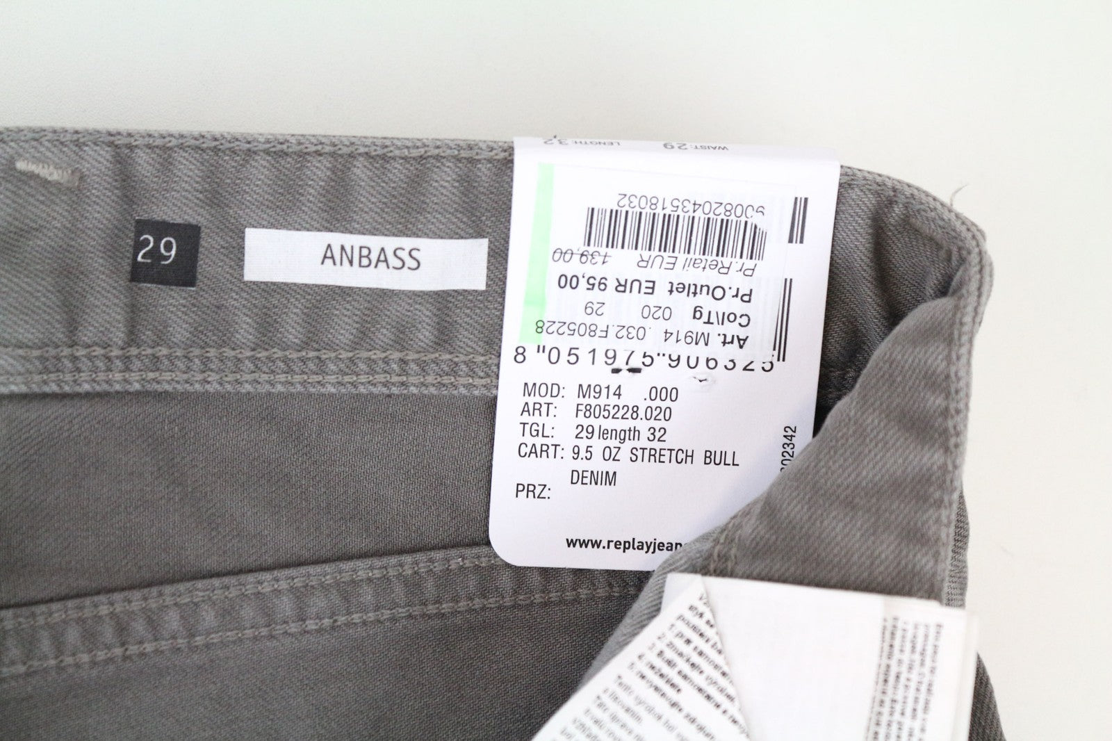 REPLAY Anbass Men's Jeans W29/L32 Grey Slim Fit Cotton Stretch Casual Denim