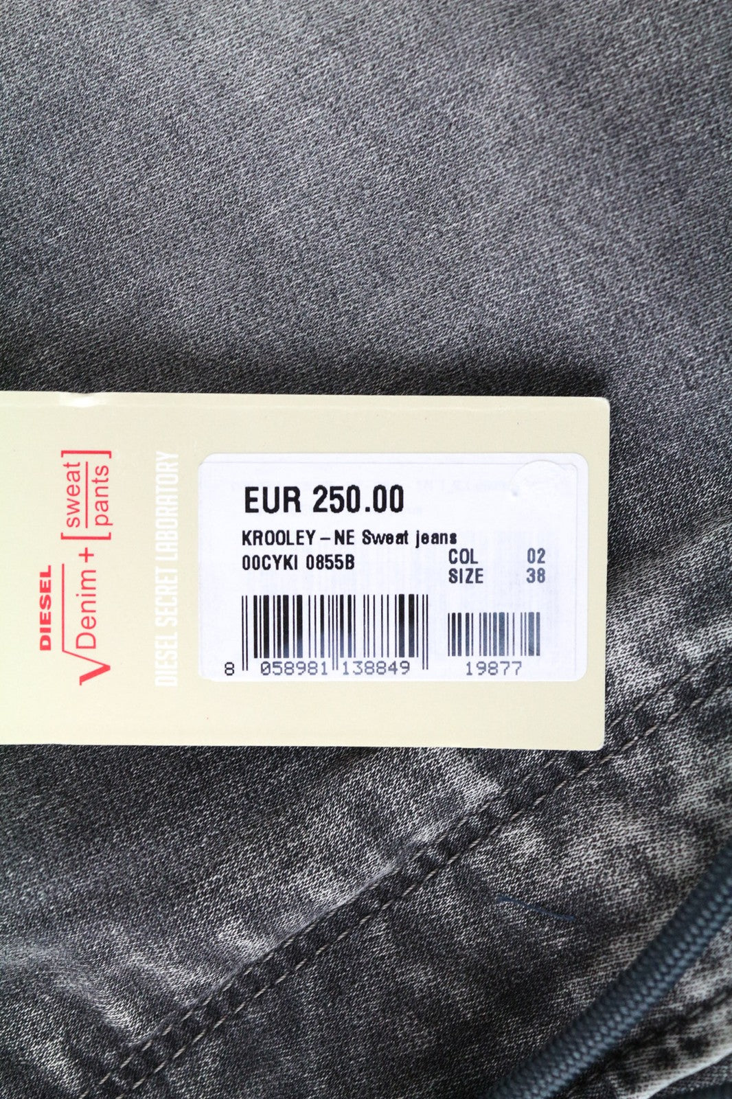 DIESEL Krooley-NE 0855B Men's Jeans W38 Grey Slim Carrot Fit Boys Jogg Sweat