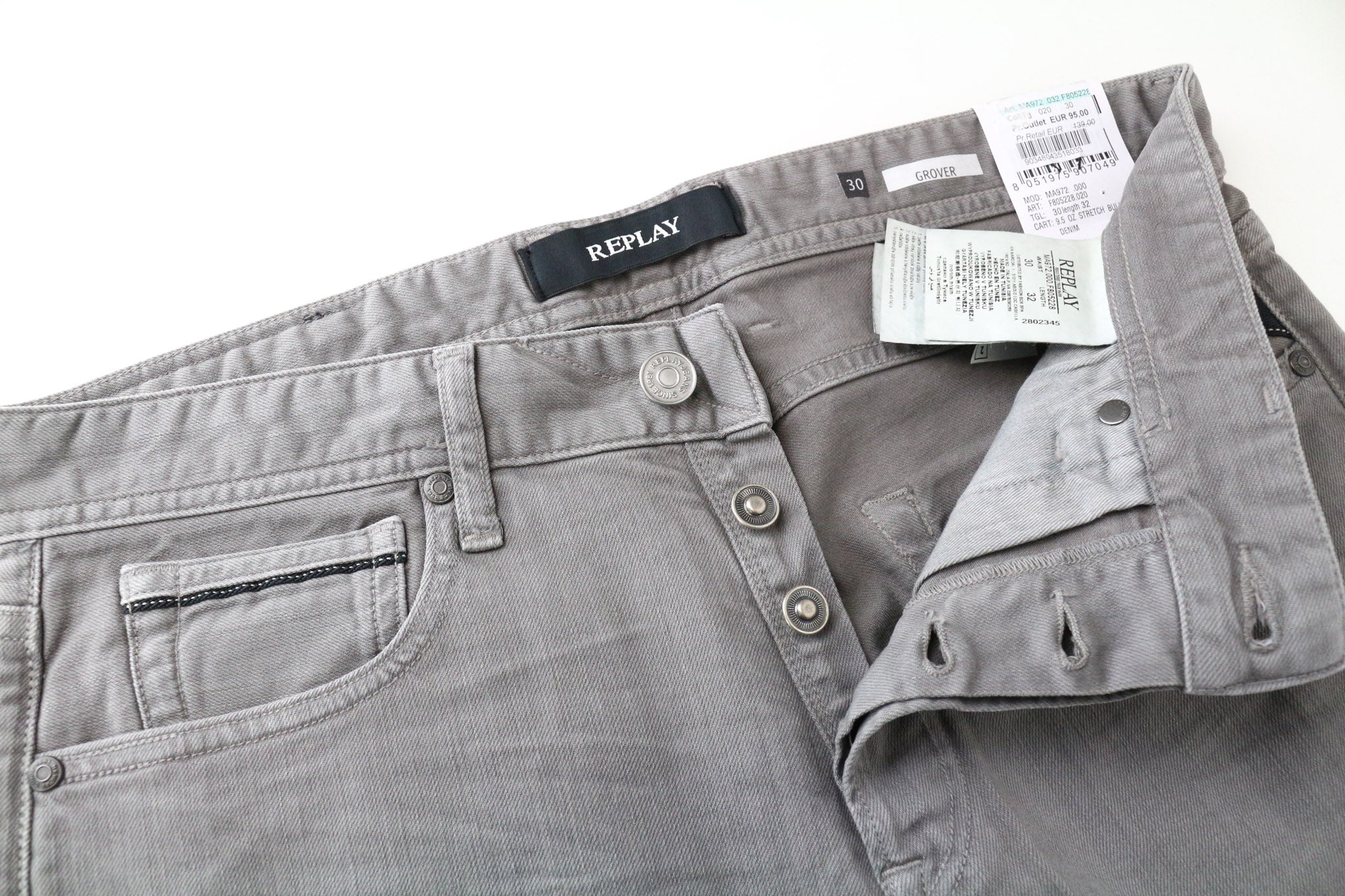 REPLAY Grover Men's Jeans W30/L32 Light Grey Slim Straight Bull Denim Stretch