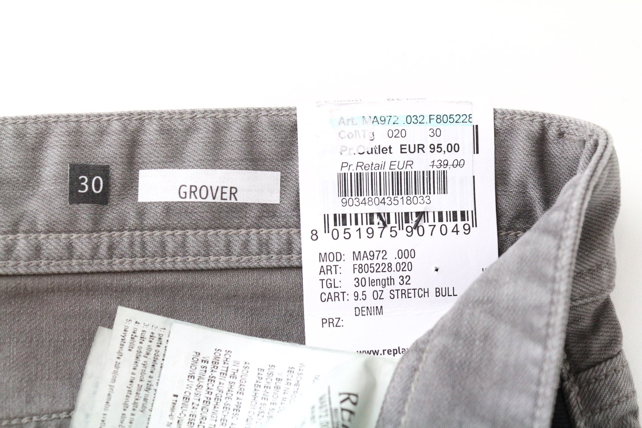 REPLAY Grover Men's Jeans W30/L32 Light Grey Slim Straight Bull Denim Stretch