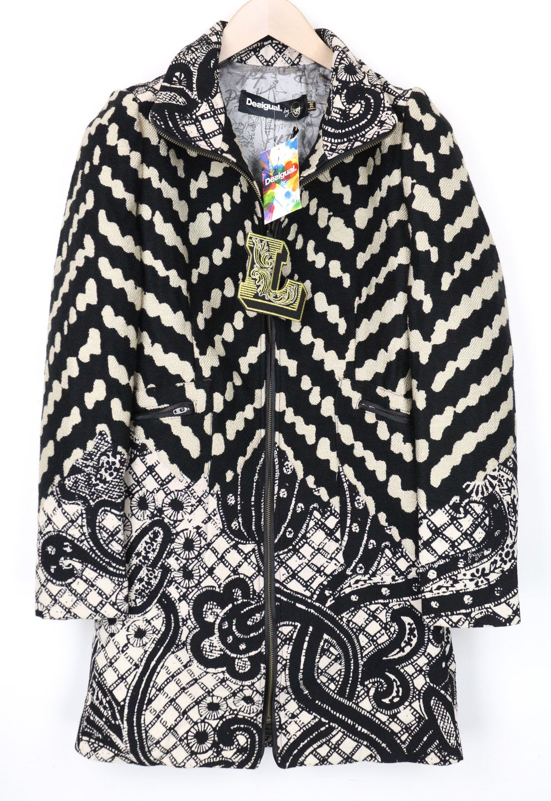 DESIGUAL Kytzia Women's Coat EU38 Jacquard Black Multi Pattern Designer Wool