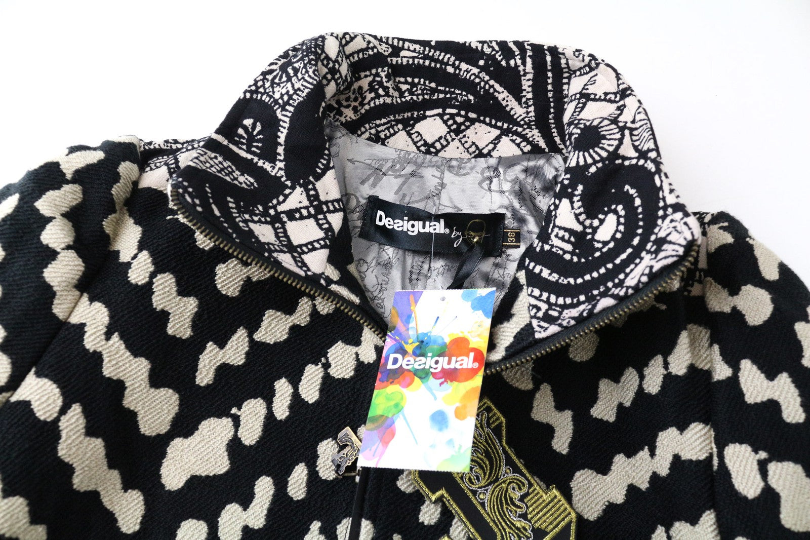 DESIGUAL Kytzia Women's Coat EU38 Jacquard Black Multi Pattern Designer Wool