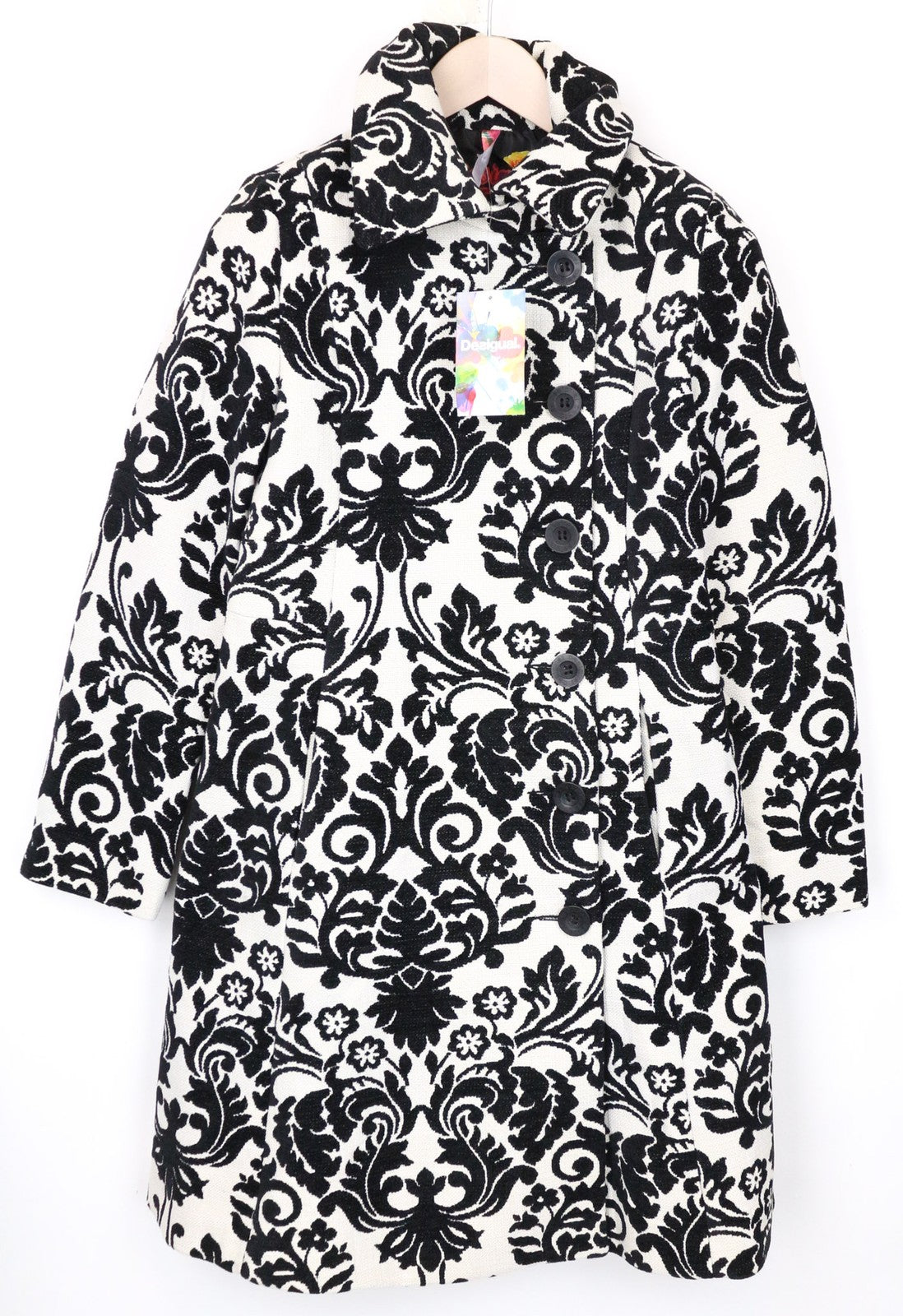 DESIGUAL White Women's Coat EU38 Beige Velvet Baroque Jacquard Lined Cotton Mix