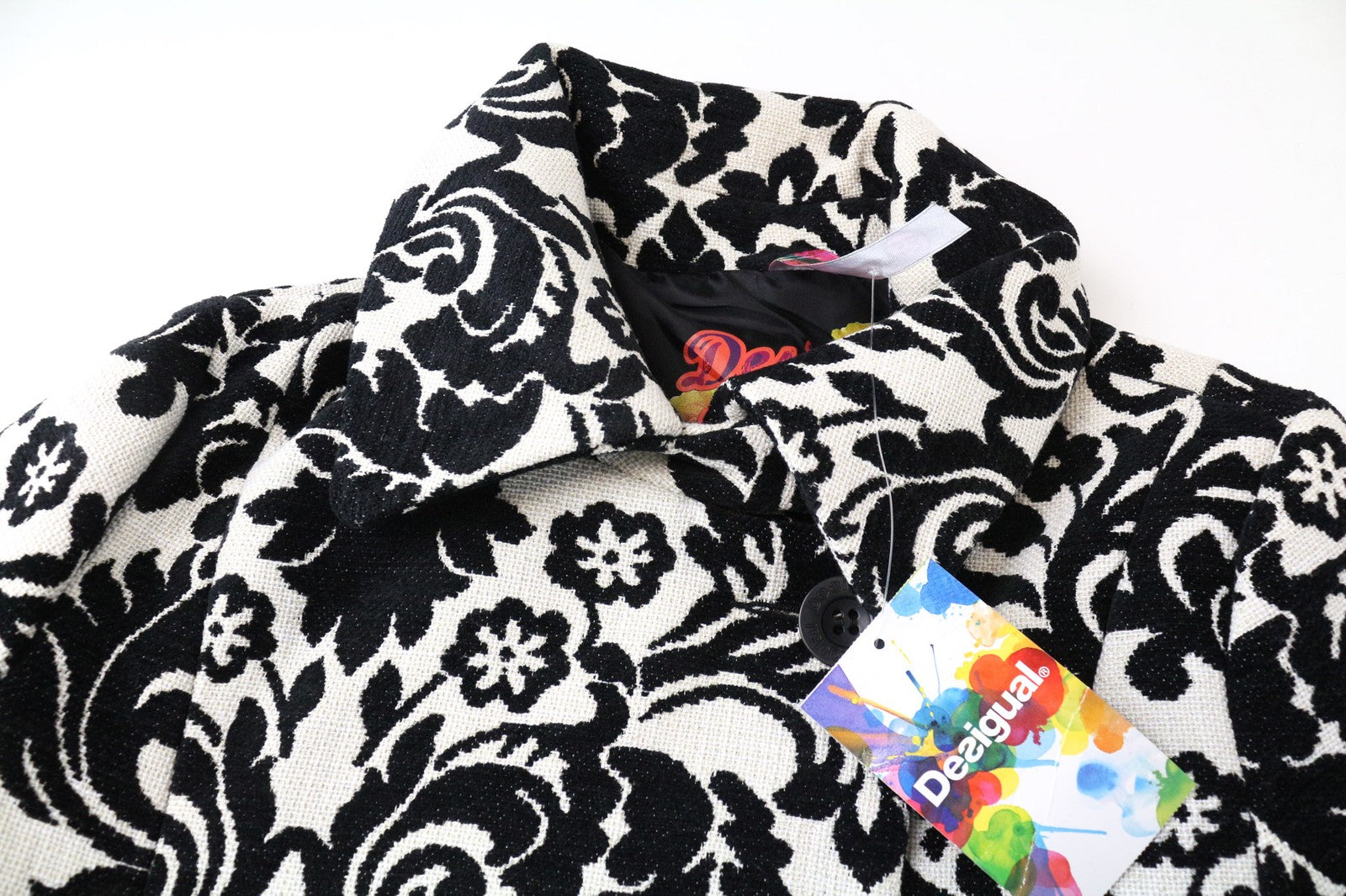 DESIGUAL White Women's Coat EU38 Beige Velvet Baroque Jacquard Lined Cotton Mix