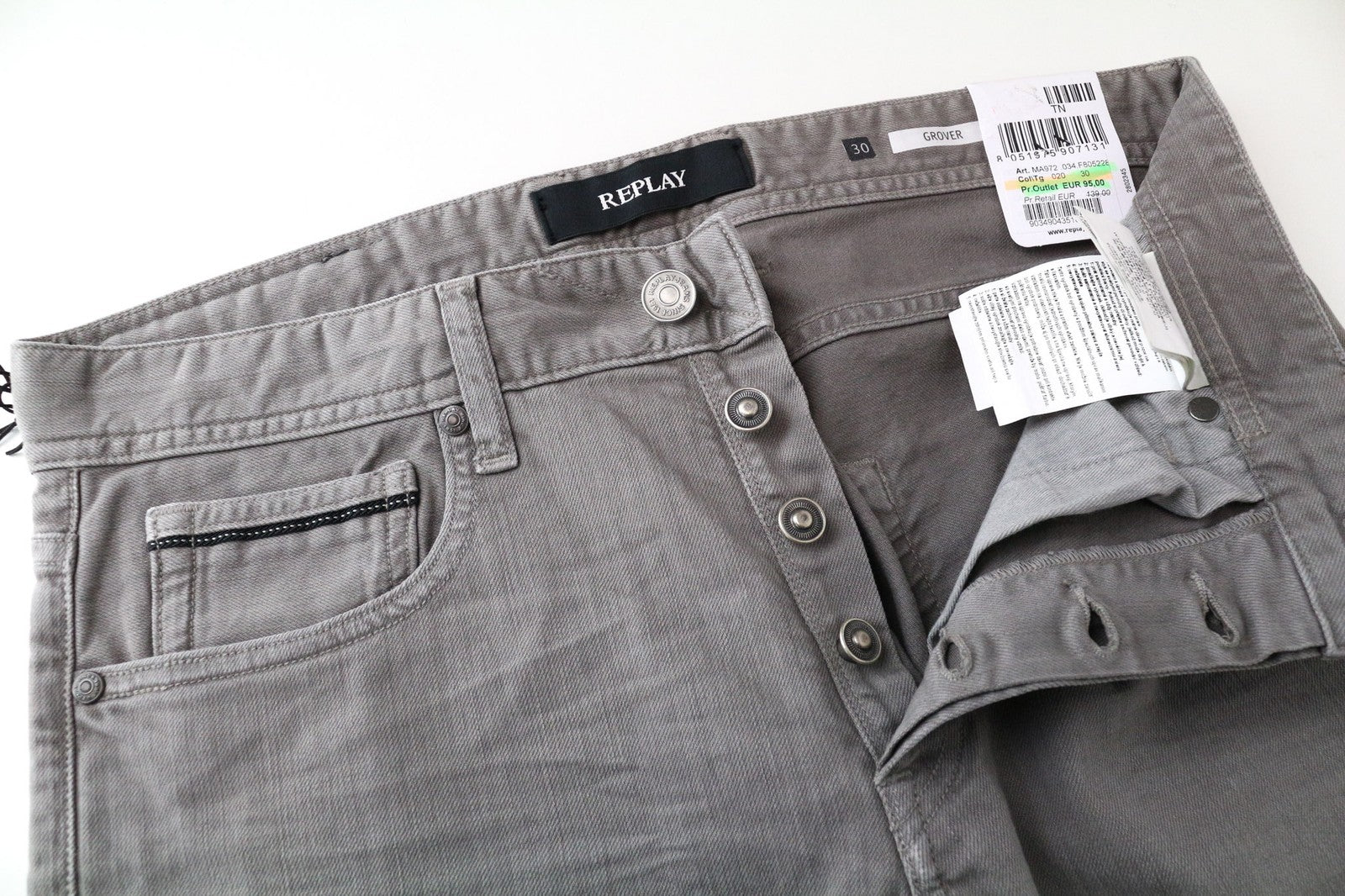 REPLAY Grover Men's Jeans W30/L34 Light Grey Slim Straight Fit Button Fly Denim
