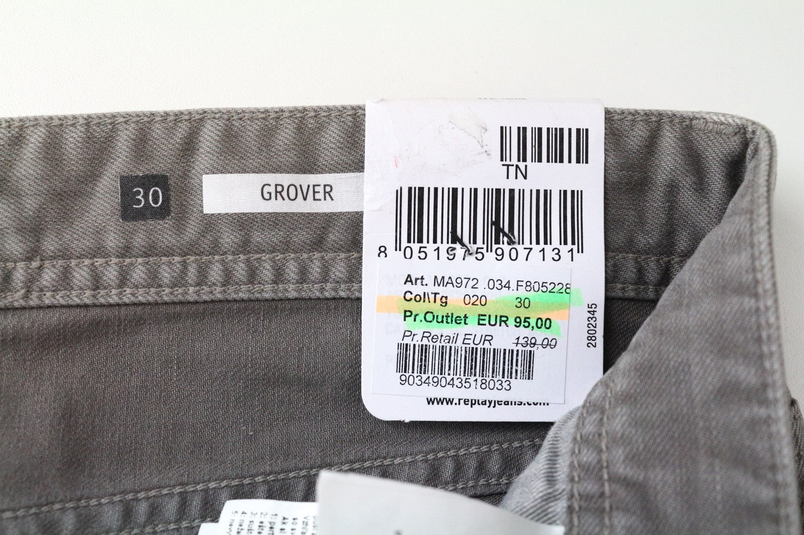 REPLAY Grover Men's Jeans W30/L34 Light Grey Slim Straight Fit Button Fly Denim