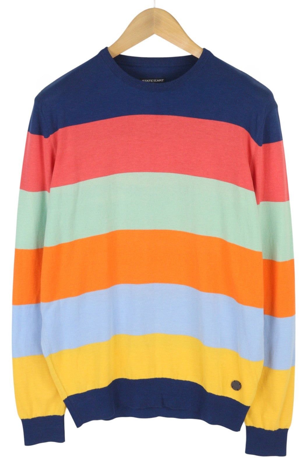 STATE OF ART Men Jumper L Colourful Striped Crew Neck Tight-Knit Logo Pullover