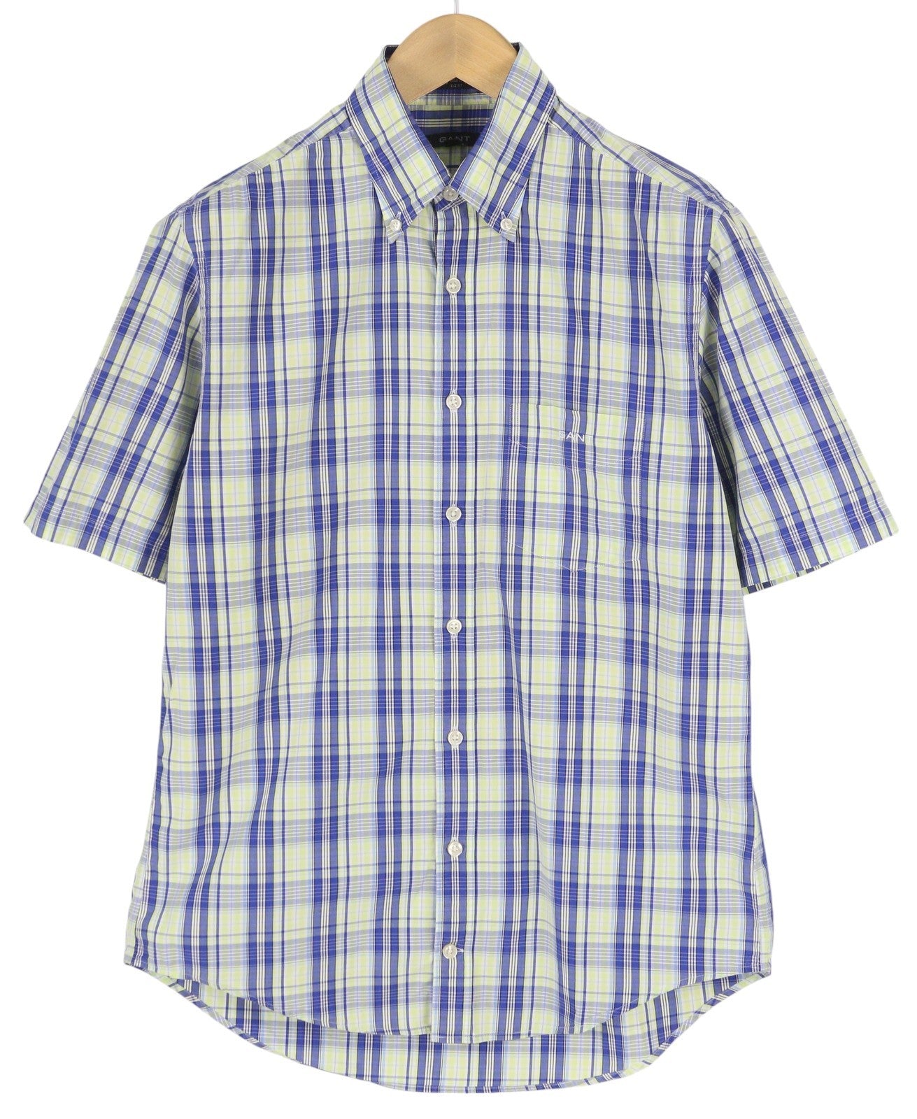 GANT Portofino Poplin Men Shirt M Blue Checked E-Z Fit Short Sleeve Logo Casual