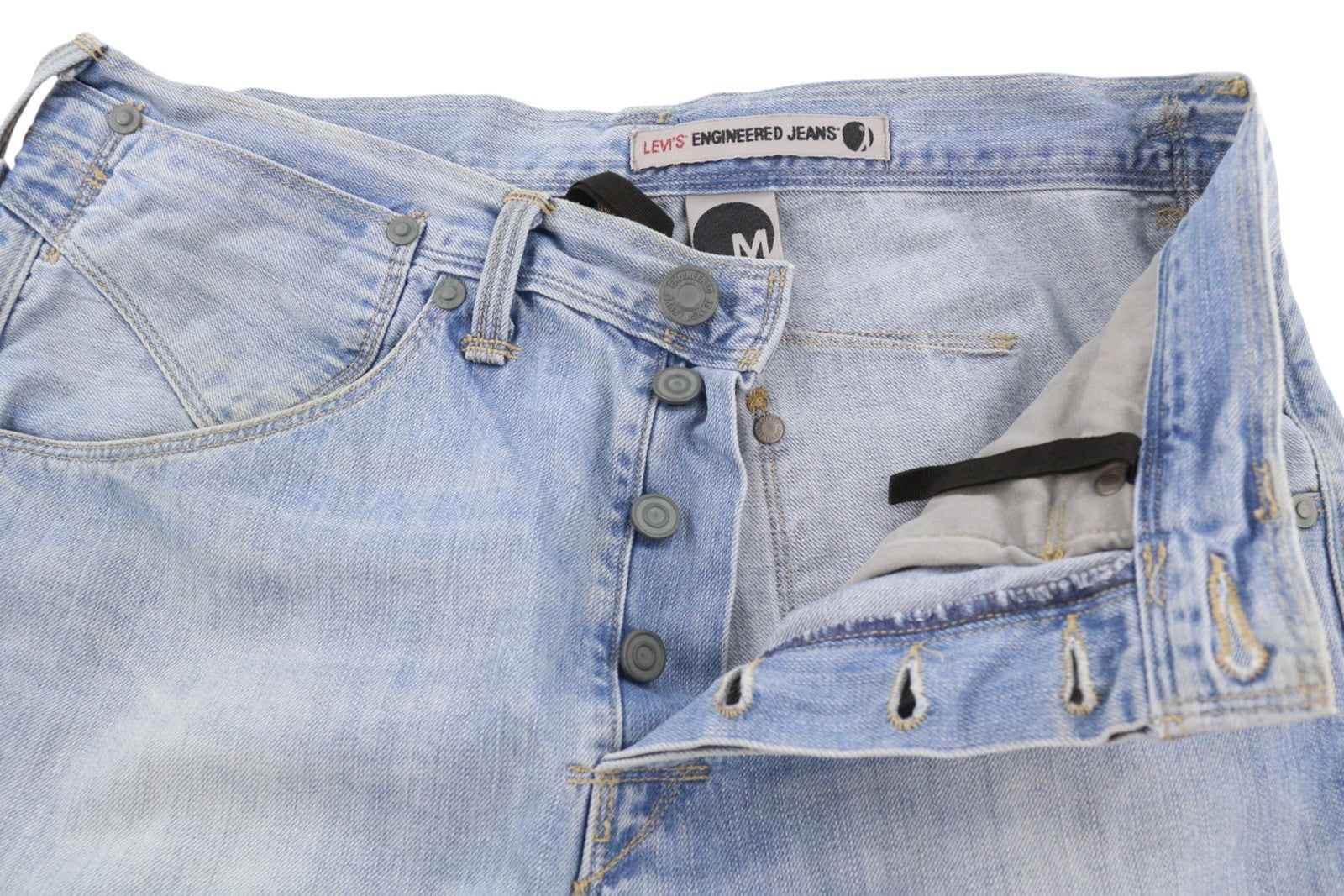 LEVI'S Engineered Men Shorts M Blue Denim Washed Faded Whiskers Drop Crotch