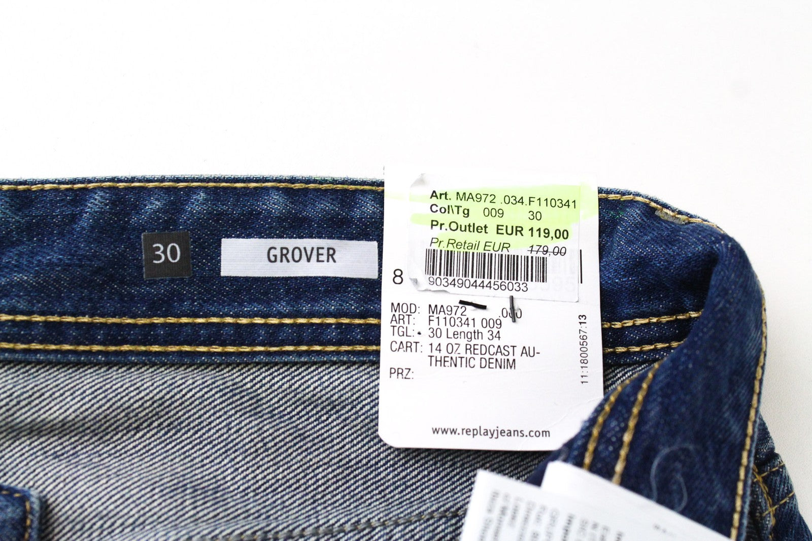 REPLAY Grover Men's W30/L34 Jeans Straight Fit Washed Distressed Cotton Blue