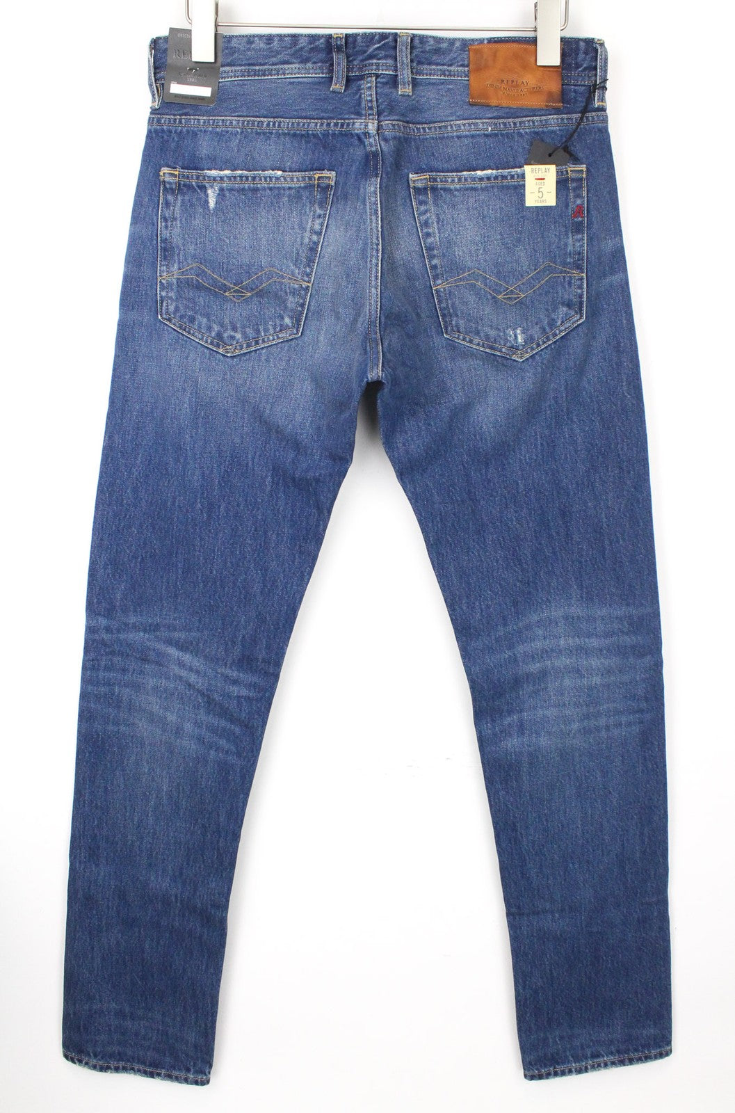 REPLAY Grover Men's W30/L34 Jeans Straight Fit Washed Distressed Cotton Blue