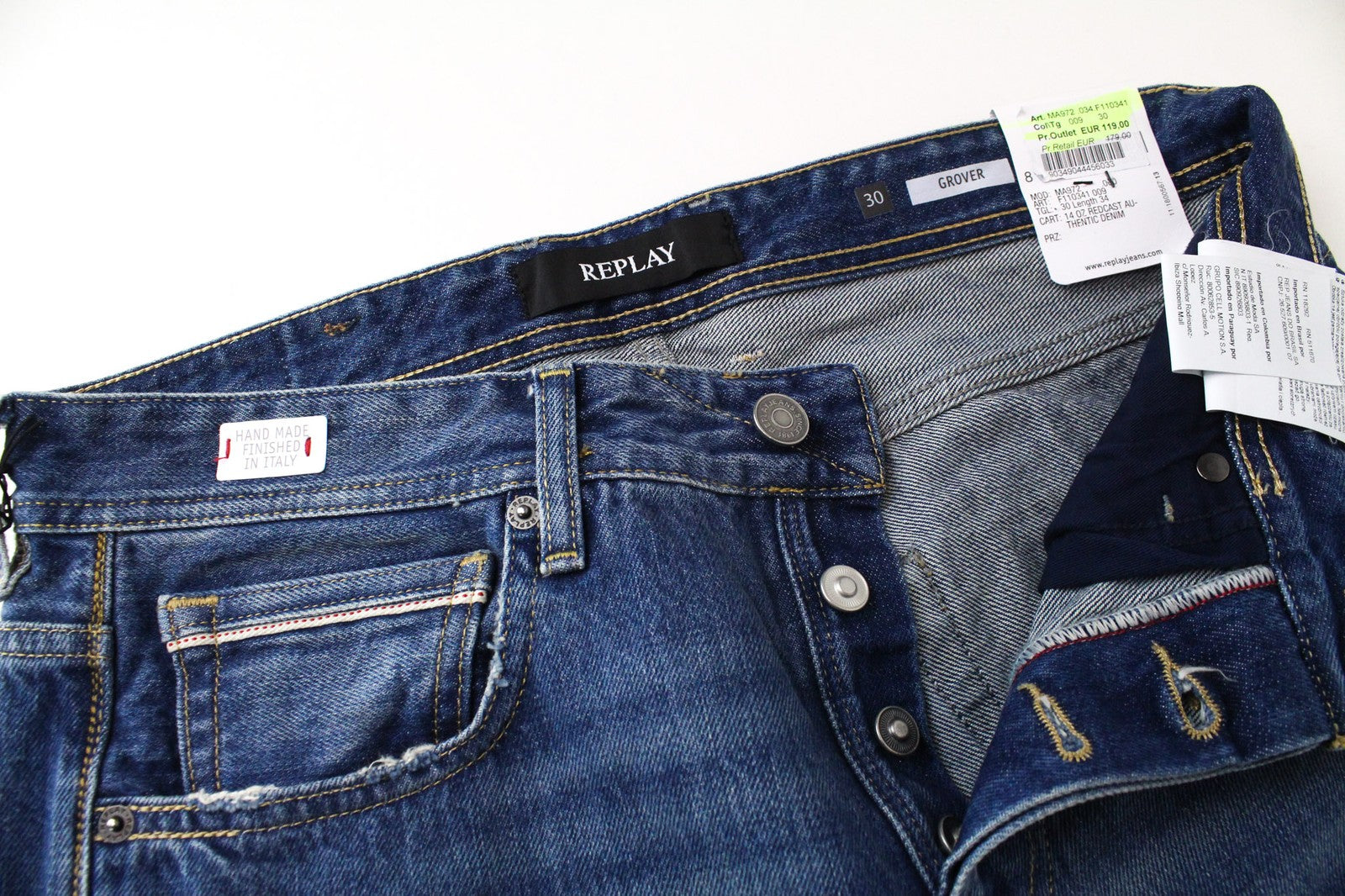 REPLAY Grover Men's W30/L34 Jeans Straight Fit Washed Distressed Cotton Blue