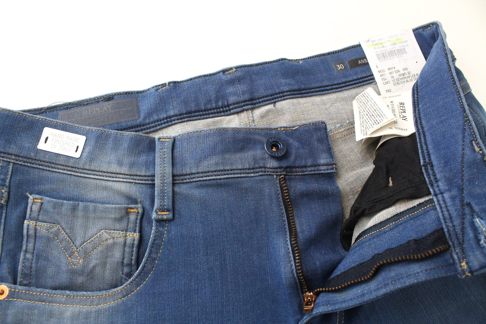 REPLAY Anbass Men's W30/L32 Jeans Slim Fit 5-Pocket Stretch Blue Washed Cotton