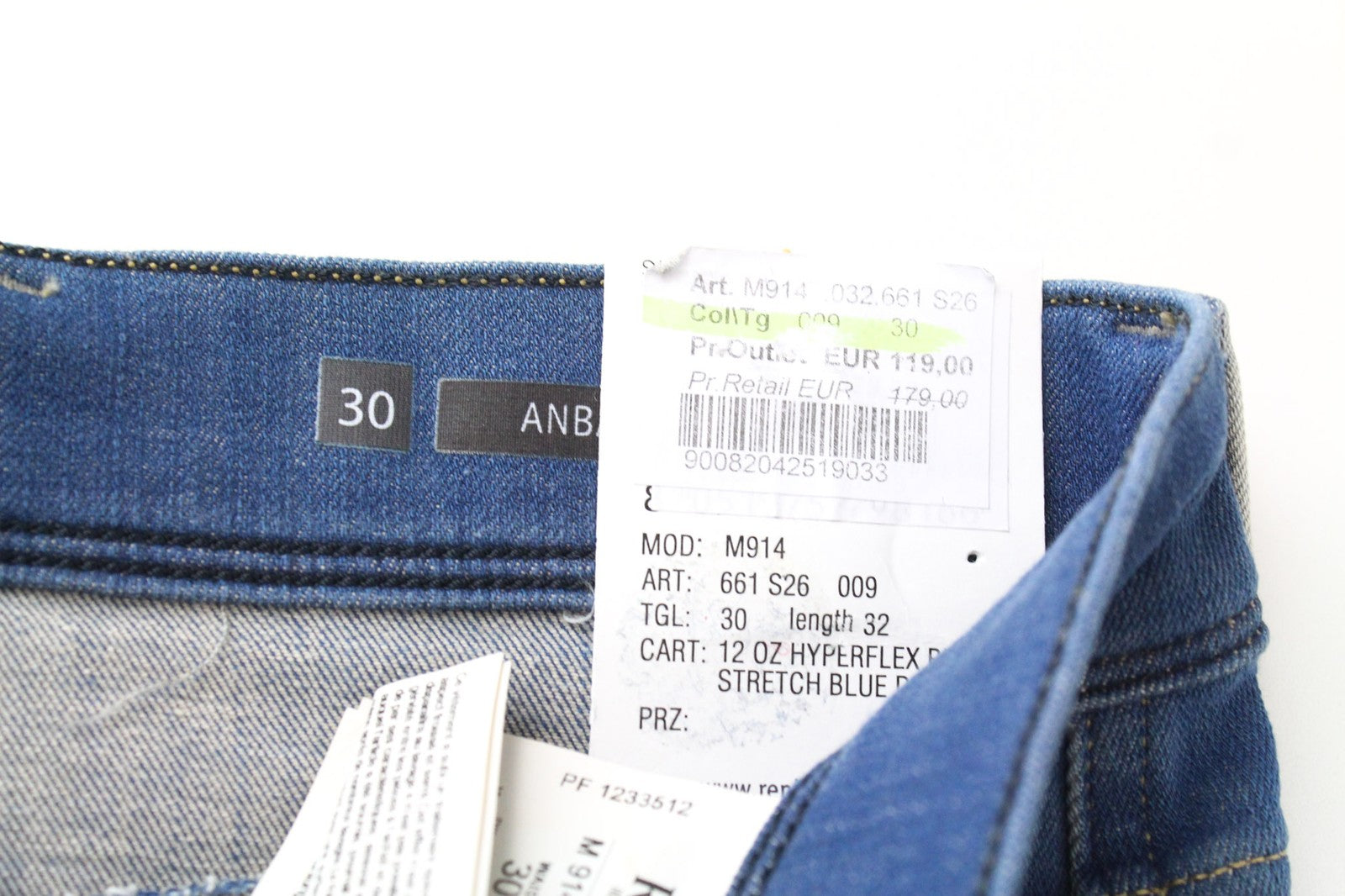 REPLAY Anbass Men's W30/L32 Jeans Slim Fit 5-Pocket Stretch Blue Washed Cotton