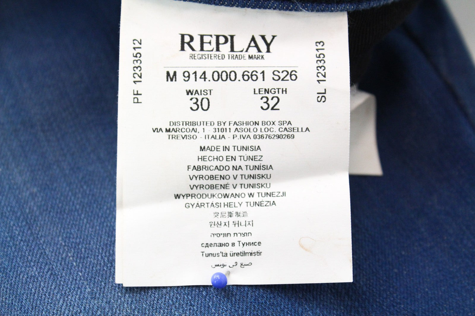 REPLAY Anbass Men's W30/L32 Jeans Slim Fit 5-Pocket Stretch Blue Washed Cotton