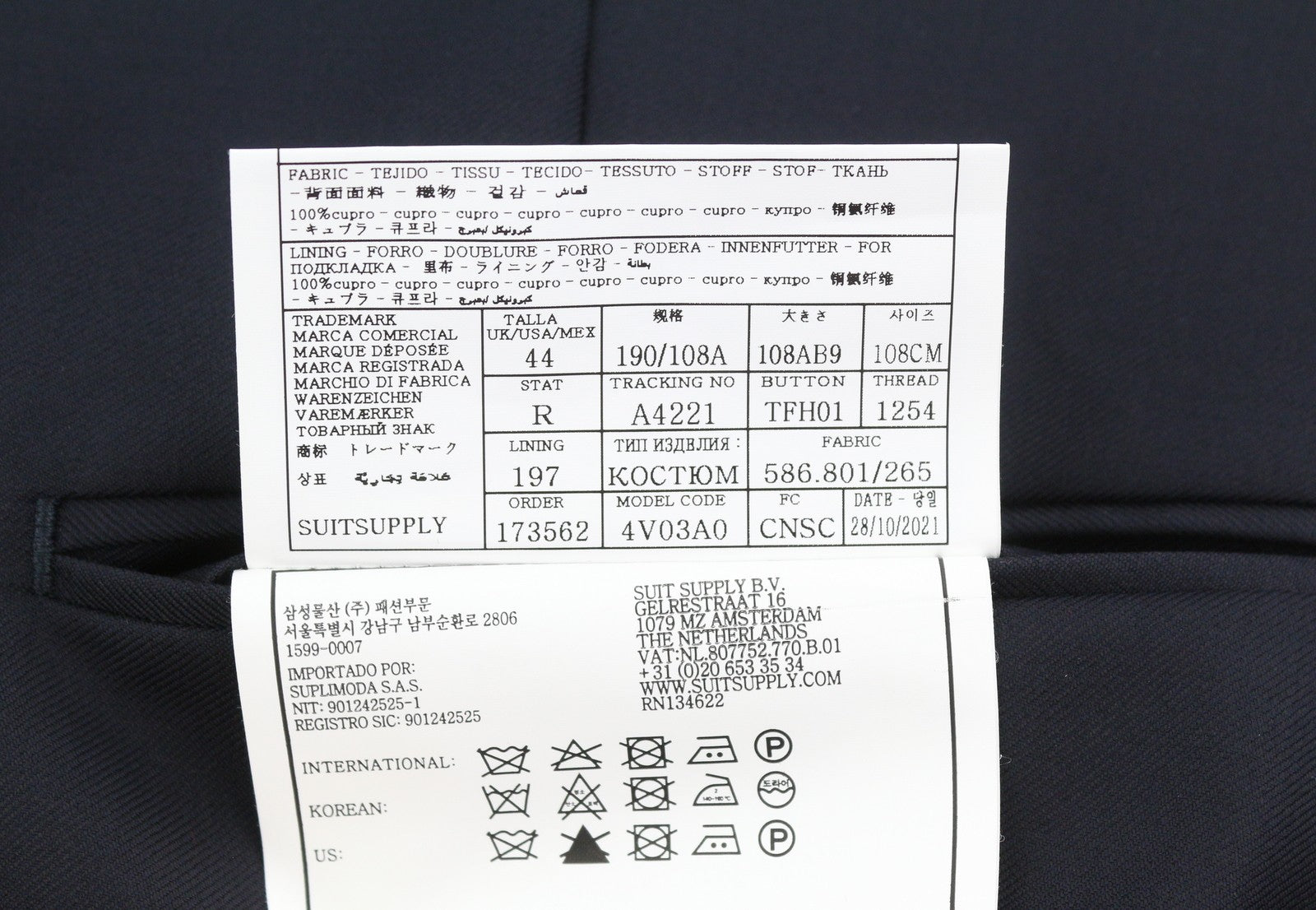 SUITSUPPLY Havana Peak Jetted Ferrara Soho Men Suit UK44R Blue Wool 3 Piece