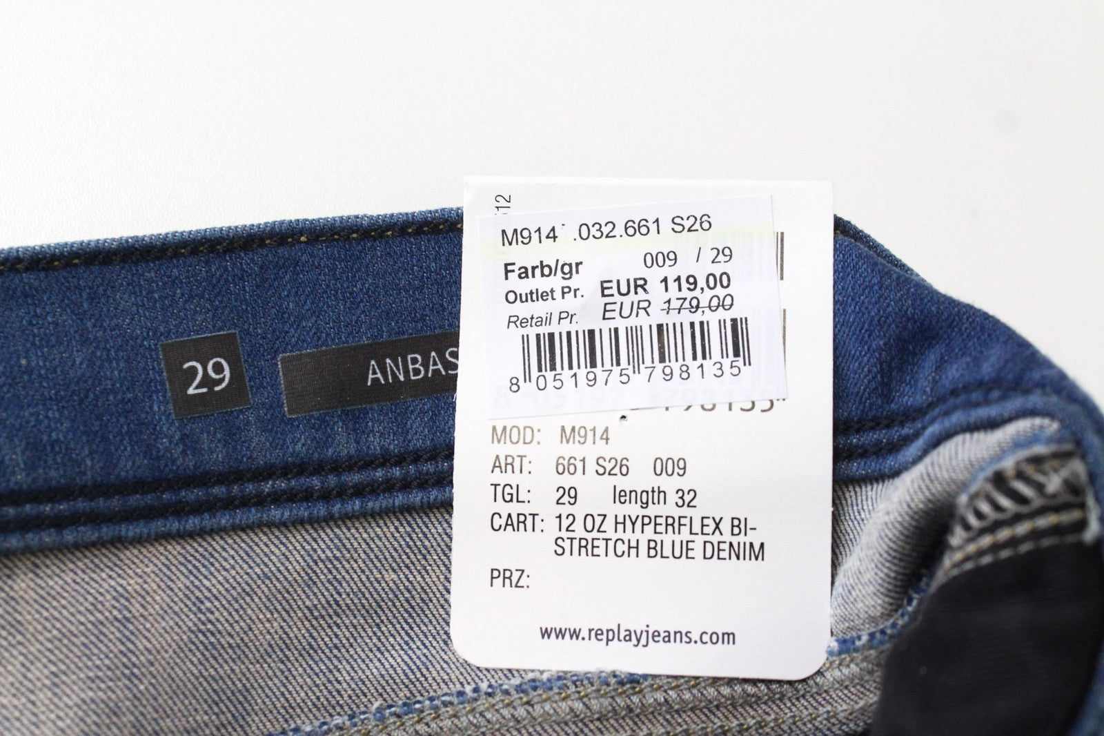 REPLAY Anbass Men's W29/L32 Jeans Slim Fit Stretch Blue 5-Pocket Wash Cotton