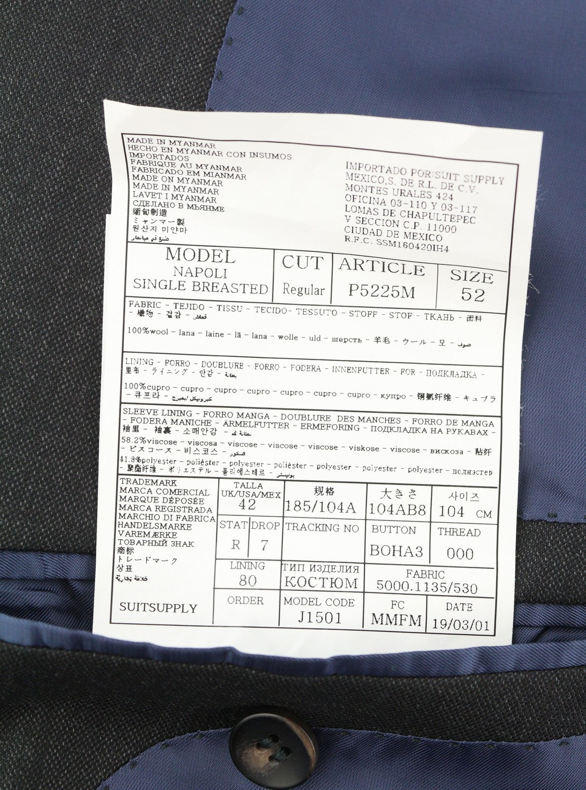 SUITSUPPLY Napoli Single Breasted Men Suit UK42R Dark Grey Wool Notch 2 Pieces