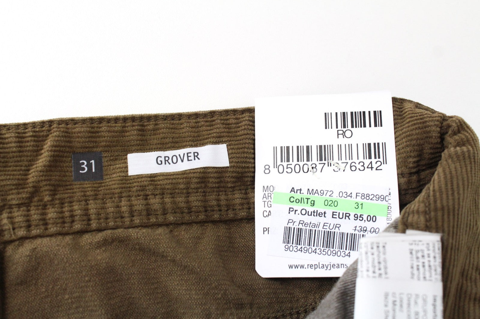 REPLAY Grover Men's W31/L34 Brown Stretch Corduroy Straight Fit Jeans