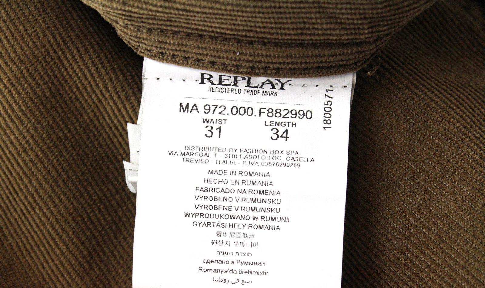 REPLAY Grover Men's W31/L34 Brown Stretch Corduroy Straight Fit Jeans