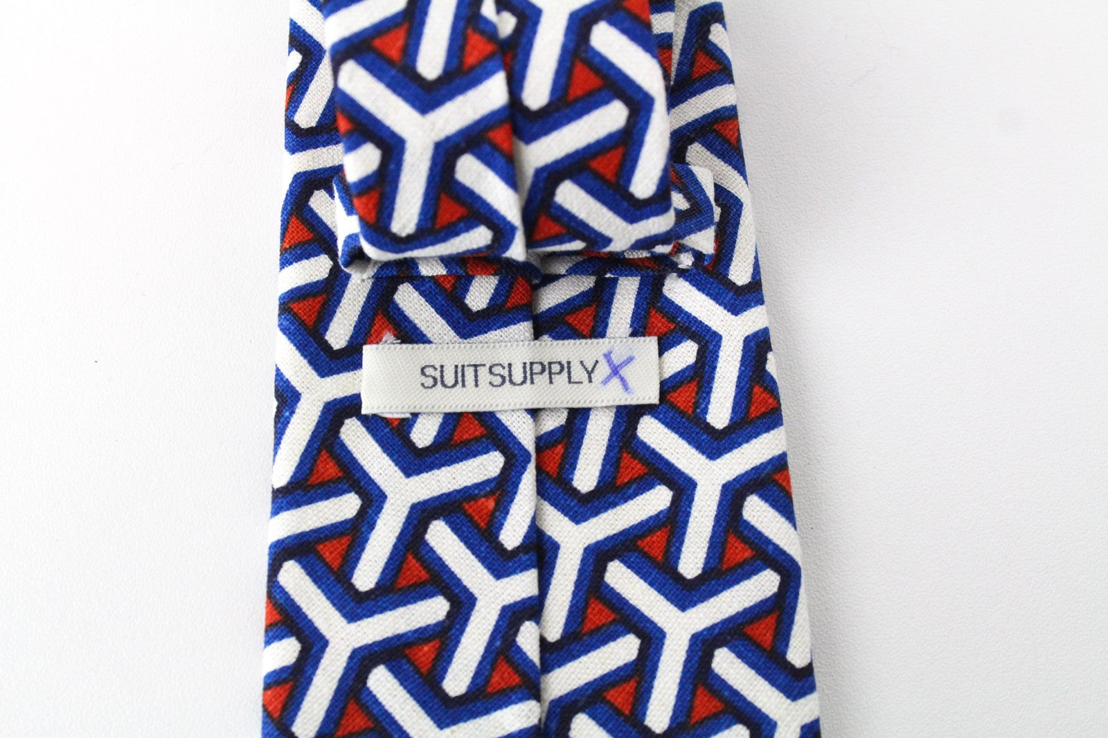 SUITSUPPLY Men's Tie Blue Linen Cotton 148 x 8 Geometric Pattern Design