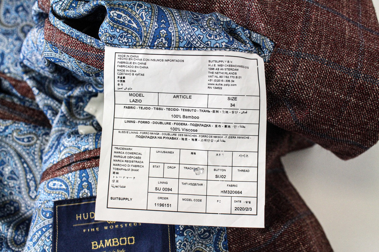 „SUITSUPPLY Lazio“ raudonas vyriškas švarkas, 34 dydžio, aptemptas, languotas, bambukinis oficialios suknelės modelis 