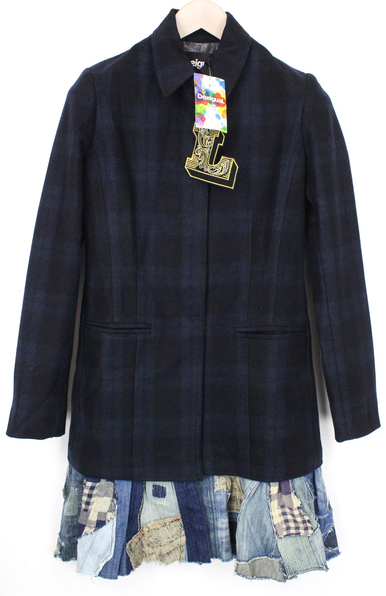DESIGUAL Snow Robot EU36 Navy Wool Coat Checked Designer Mid-Length Look