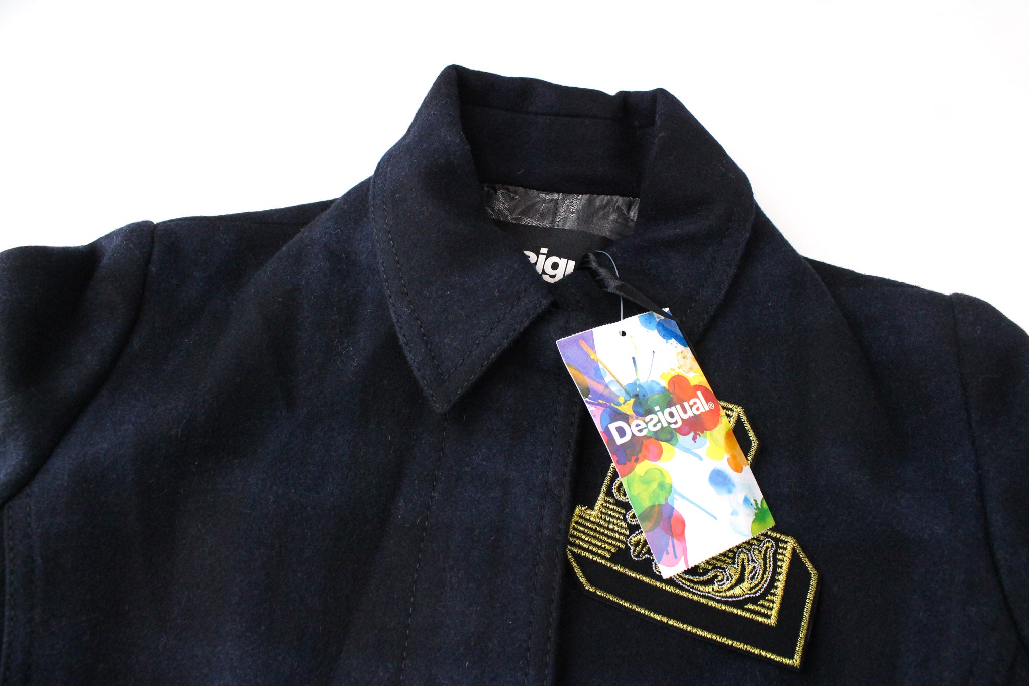 DESIGUAL Snow Robot EU36 Navy Wool Coat Checked Designer Mid-Length Look